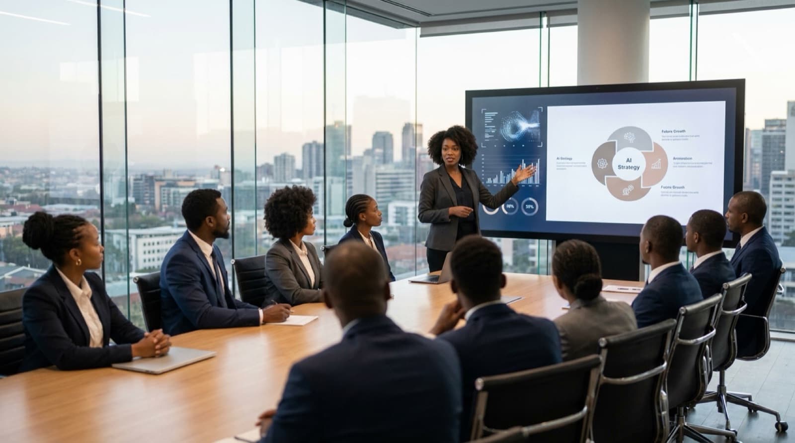 A Black African leadership team in a bright boardroom reviewing a presentation together