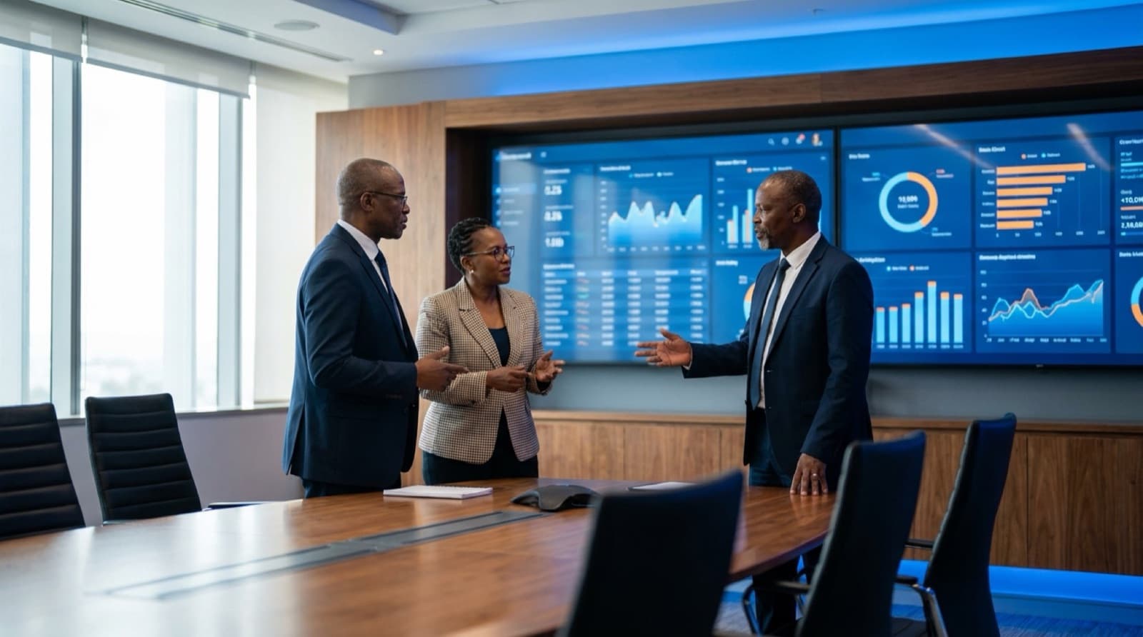 Black African executives discussing live business charts on a large screen
